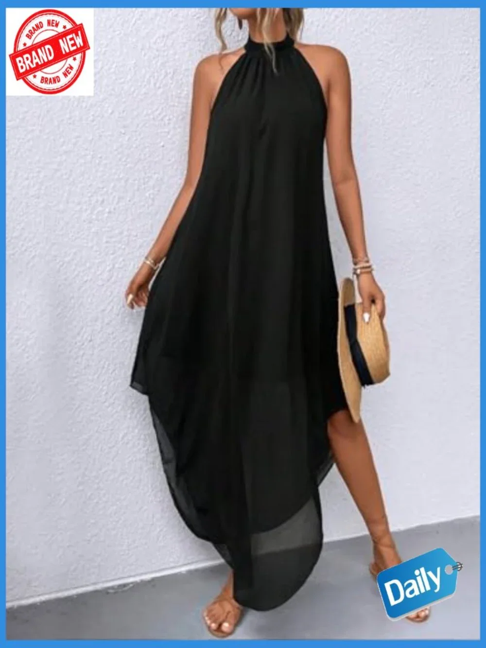 Women's Halter Flowy Chiffon Asymmetrical Maxi Dress
